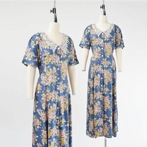 Vintage 90s Blue Floral Lace Collared Romantic Cottagecore Maxi Dress size L